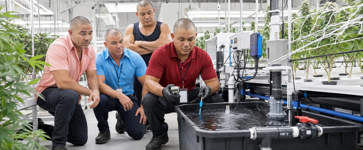 Devin Lockett training a team in the hydroponic cannabis cultivation grow